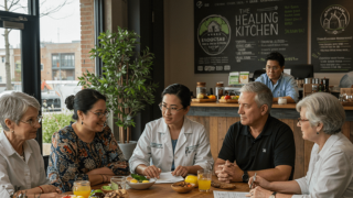 Doctor talking with people at restaurant