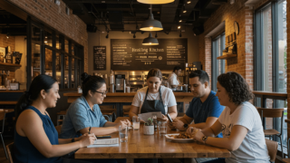 Chef and people discussing at a table.