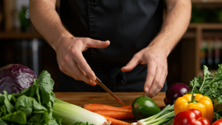 Chef making vegetable meal.
