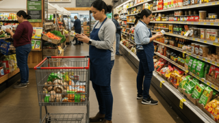 People shopping in a grocery store.