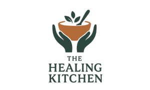 The Healing Kitchen logo; Hands holding a bowl of fresh ingredients and a mixing spoon.
