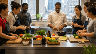 A group of people in a cooking class with a professional chef.