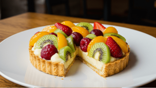 A fruit tart with strawberries, blueberries, and kiwi.