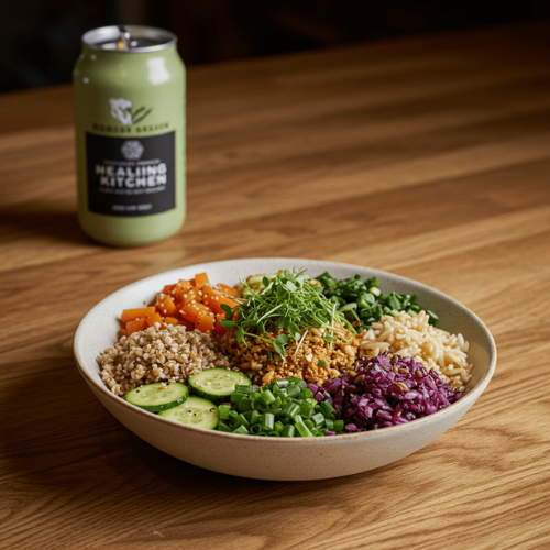 A bowl with fresh produce and herbs.