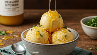 Honey being drizzled on fresh vanilla icecream.