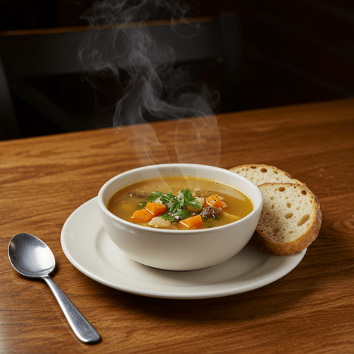 A bowl of vegetable soup with a piece of bread.
