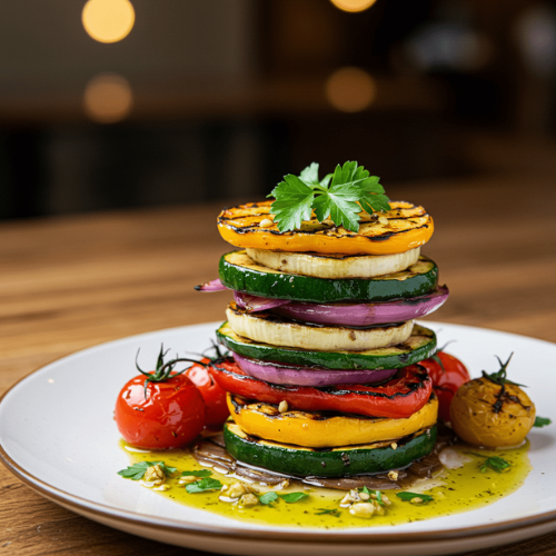 A stack of squash, onion, and tomato.