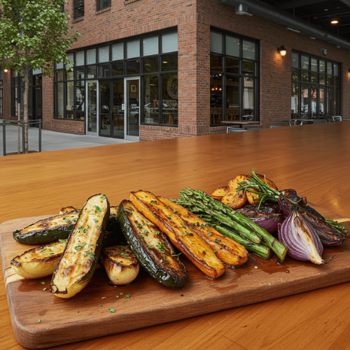 A cutting board full of roasted carrots, asparagus, onions and squash.