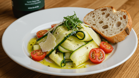 A zucchini meal with cherry tomatoes and bread.