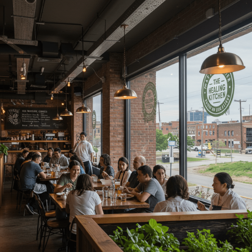 People gathered in a restaurant.