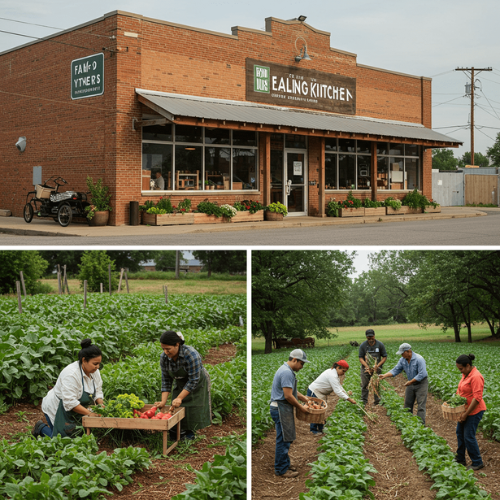 People tending to crops and a farmer's market.