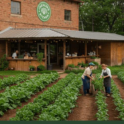 People tending to crops near farmer's market