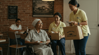 Elderly people being served at a restaurant