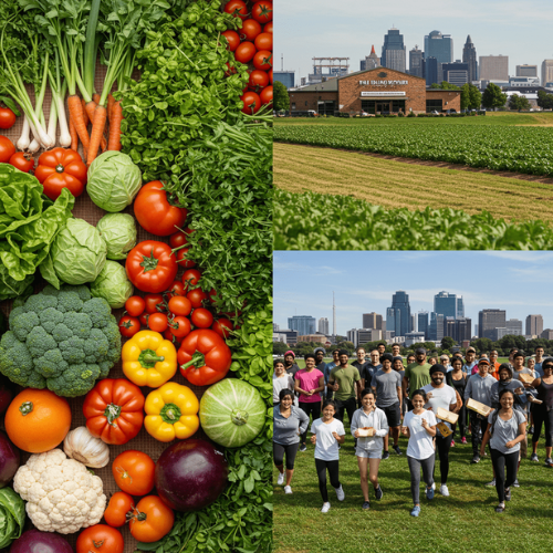 Vegetables and kids playing on a farm.
