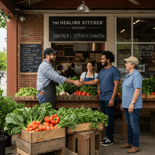 People shaking hands at farmer's market