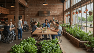 People eating at fresh market.
