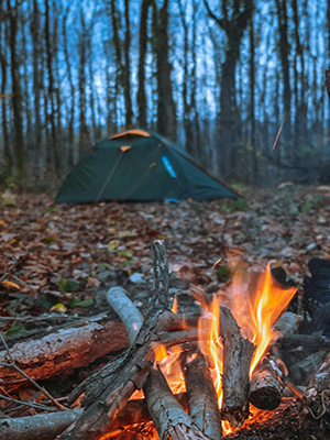 A campfire with a tent behind it in the woods